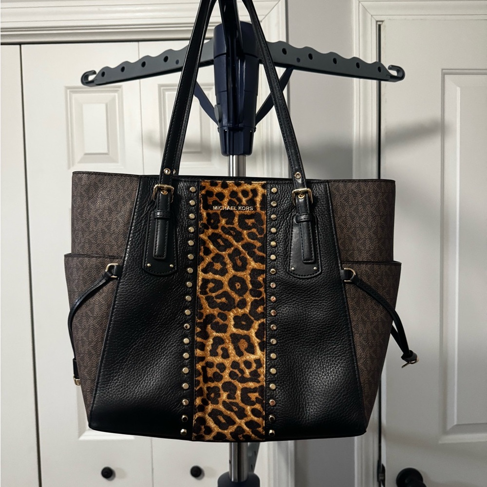 Michael Kors Black and Leopard-Print Studded Tote